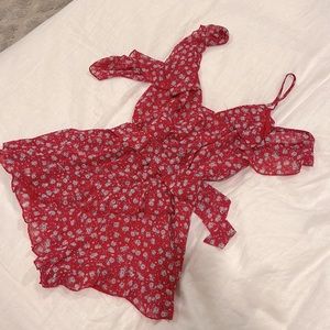 Festival Coachella Flirty Red Floral Romper with asymmetrical ruffles